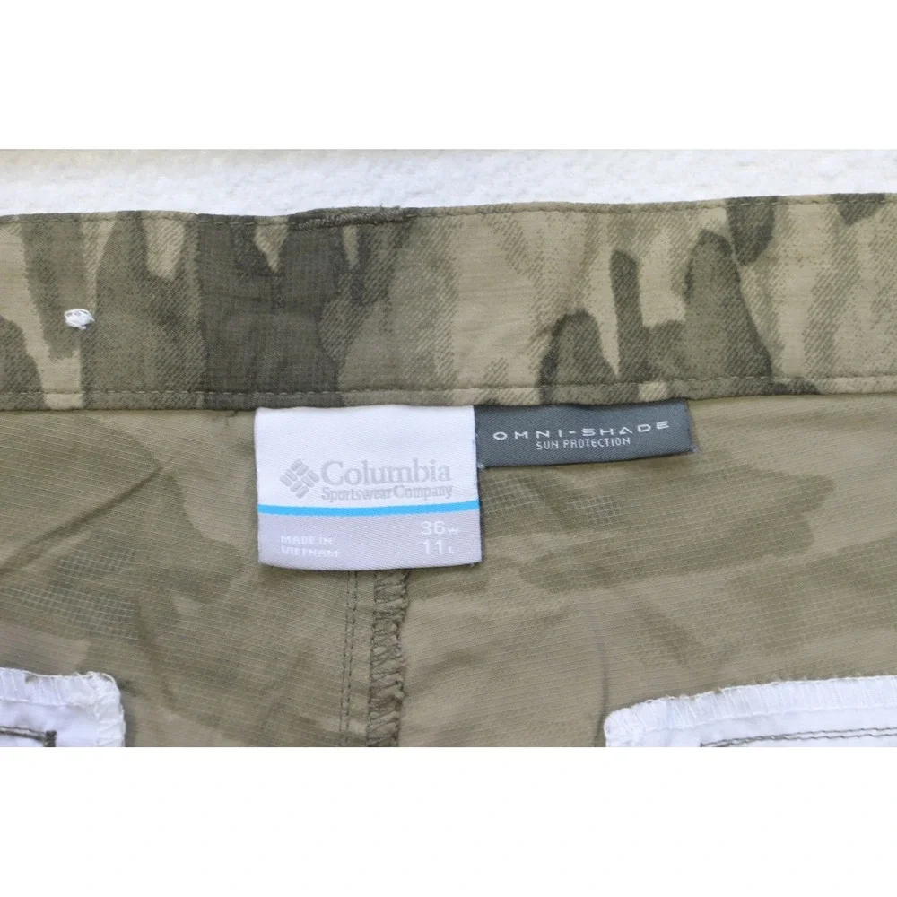 Columbia Cargo Shorts Mens 36 Green Camo Omni-Shade Ripstop Outdoor Excellent